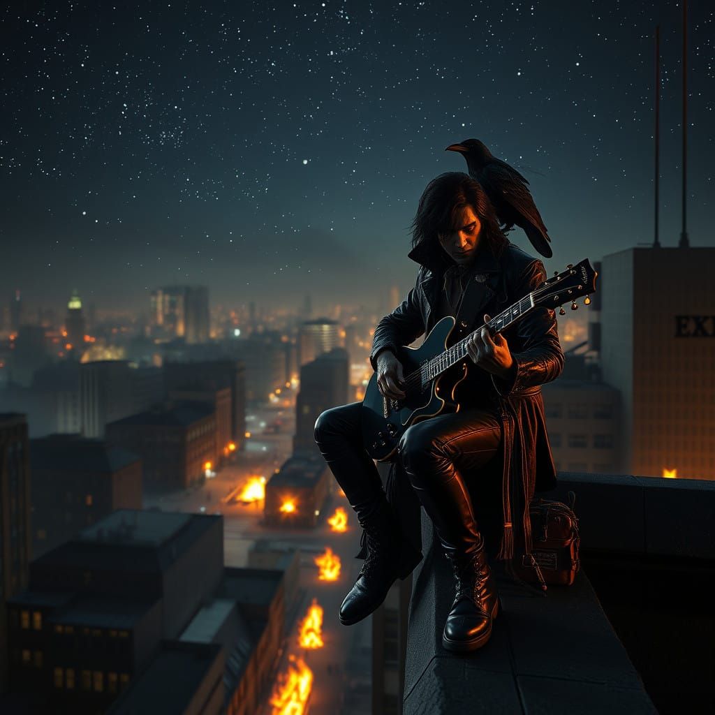 Gothic Eric Draven Plays Guitar Under Starry Night Sky