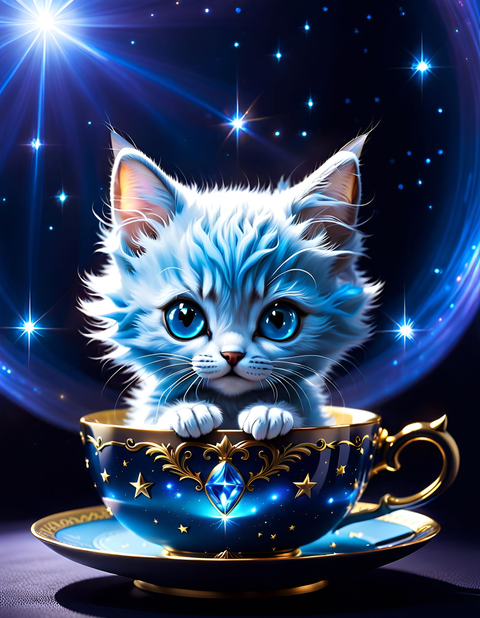 Blue Alien Kitten in Teacup: Holographic Fantasy