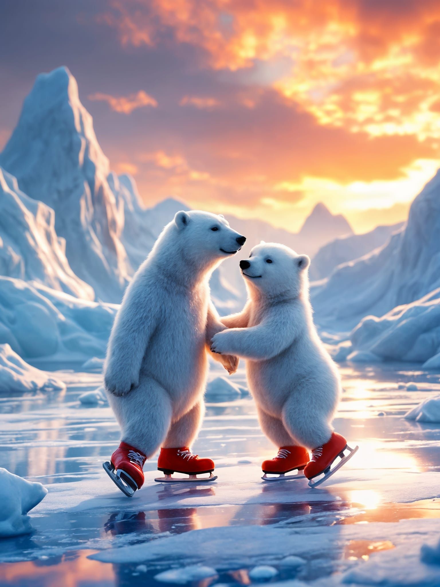 Polar Bears Ice Skating at Sunset, Digital Painting
