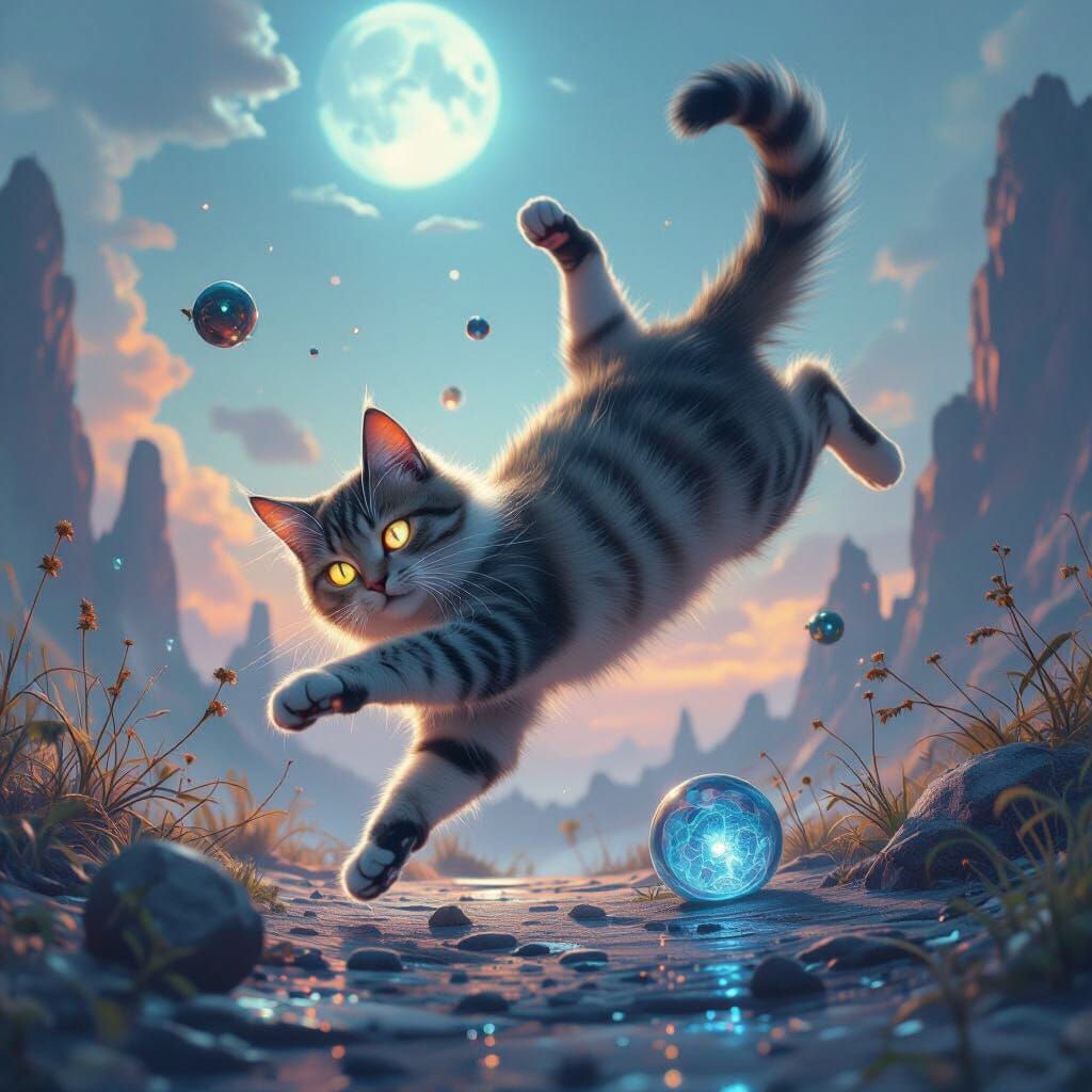 Surreal Cat in Gravity-Defying Dreamscape