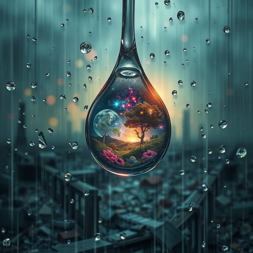 Surreal Cosmic World Within a Single Raindrop