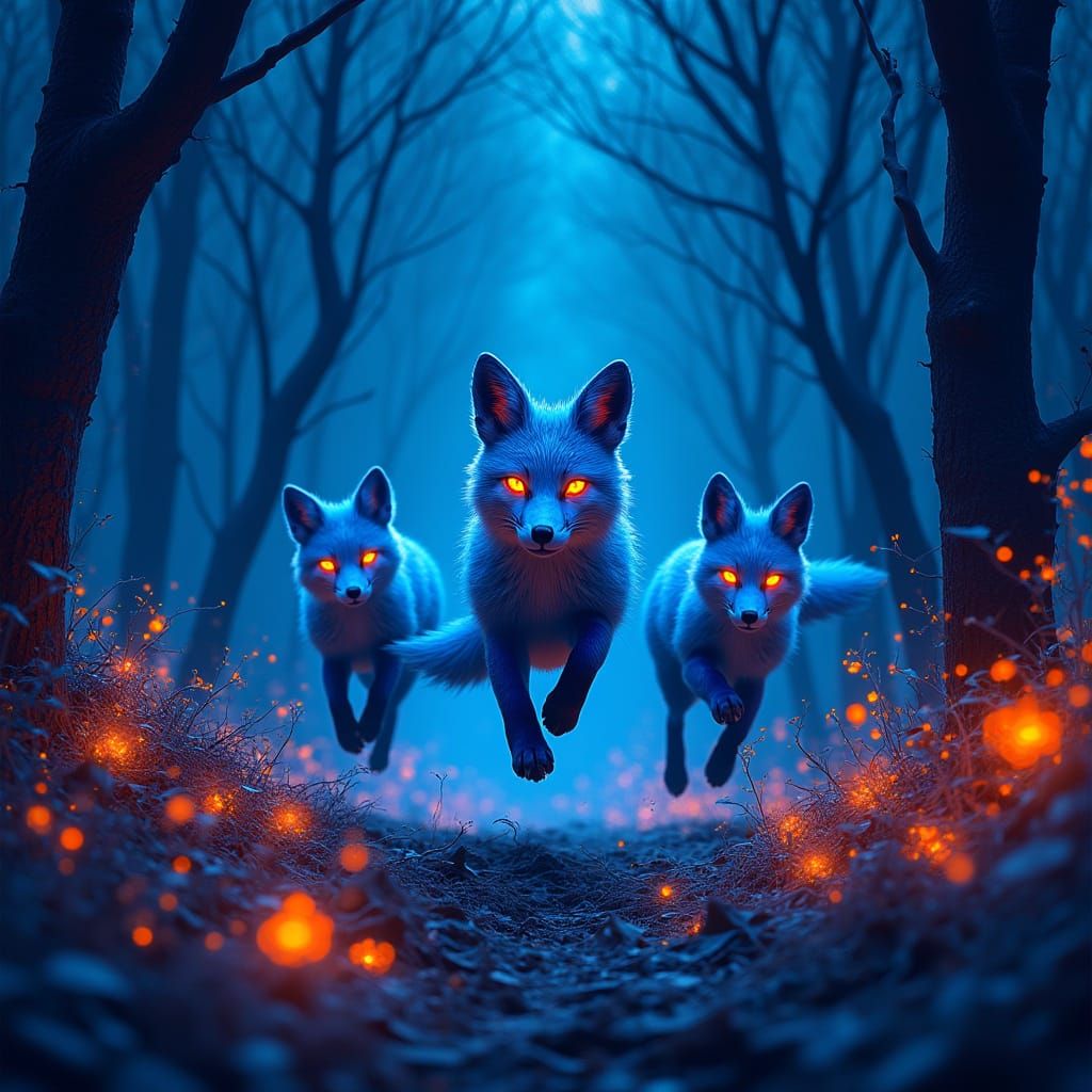 Electric Blue Foxes in Mystical Forest