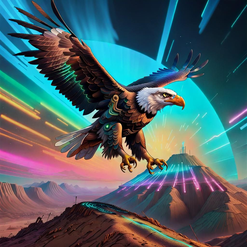 Cybernetic Eagle Soaring in Cyberpunk Landscape