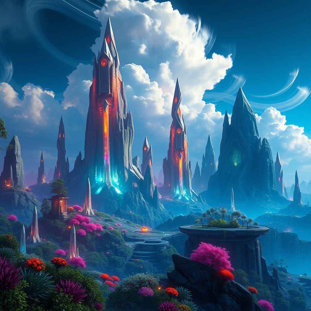 Ethereal Crystal Landscape amidst Bioluminescent Flora