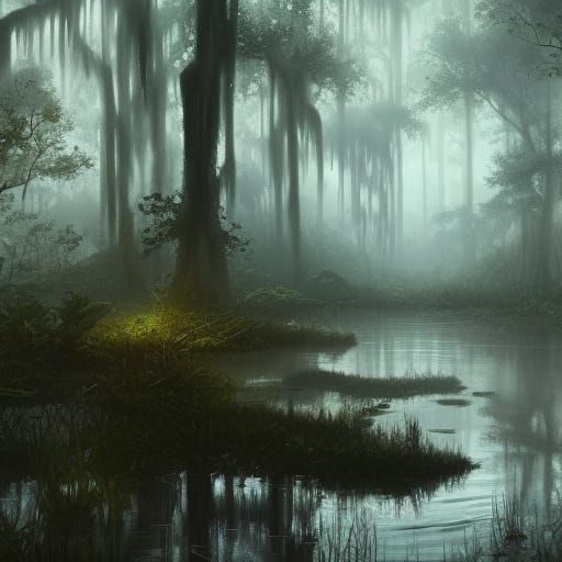 Ethereal Face in Florida Swamp: Dark Fantasy Art