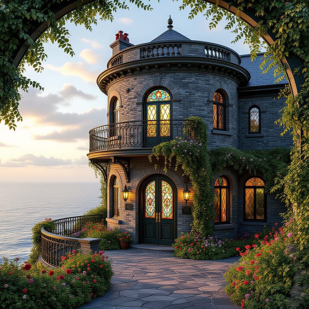 Cliffside Circular House in Pre-Raphaelite Style