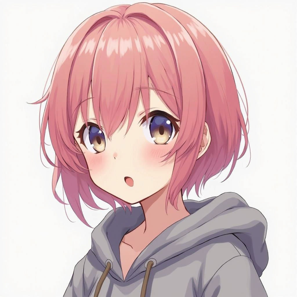 Anime Girl Portrait with Pink Hair and Hoodie