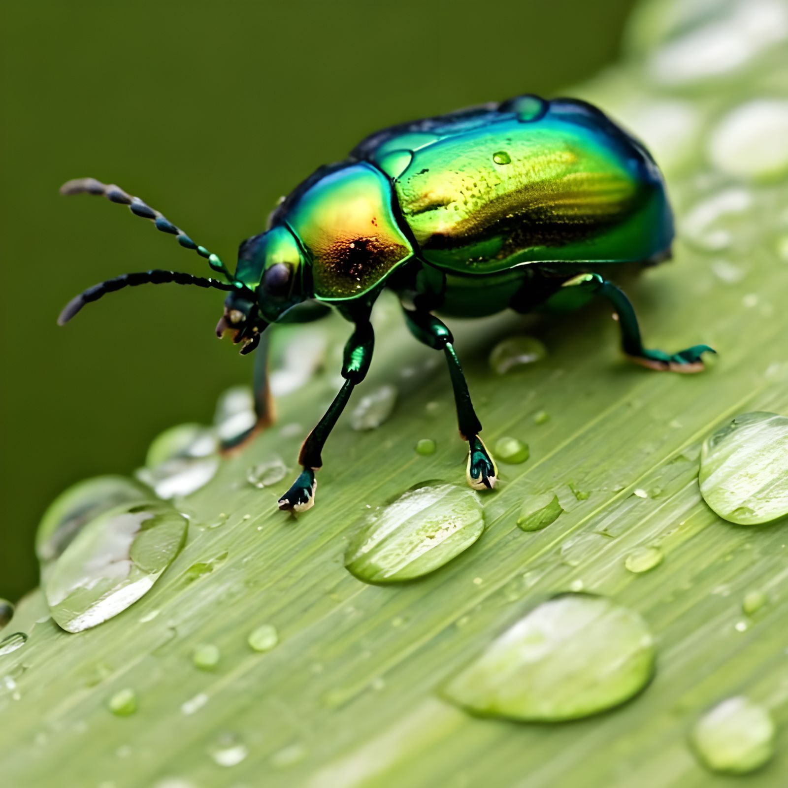 Green Jewel Beetle on Leaf with Water Droplets