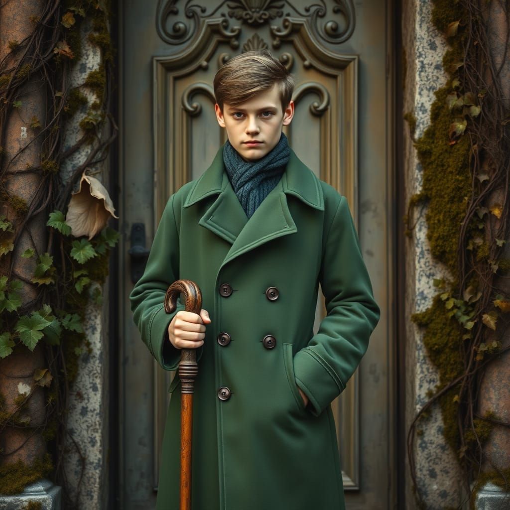 Young Peter Petrov Stands Before Ornate Door in Golden Light