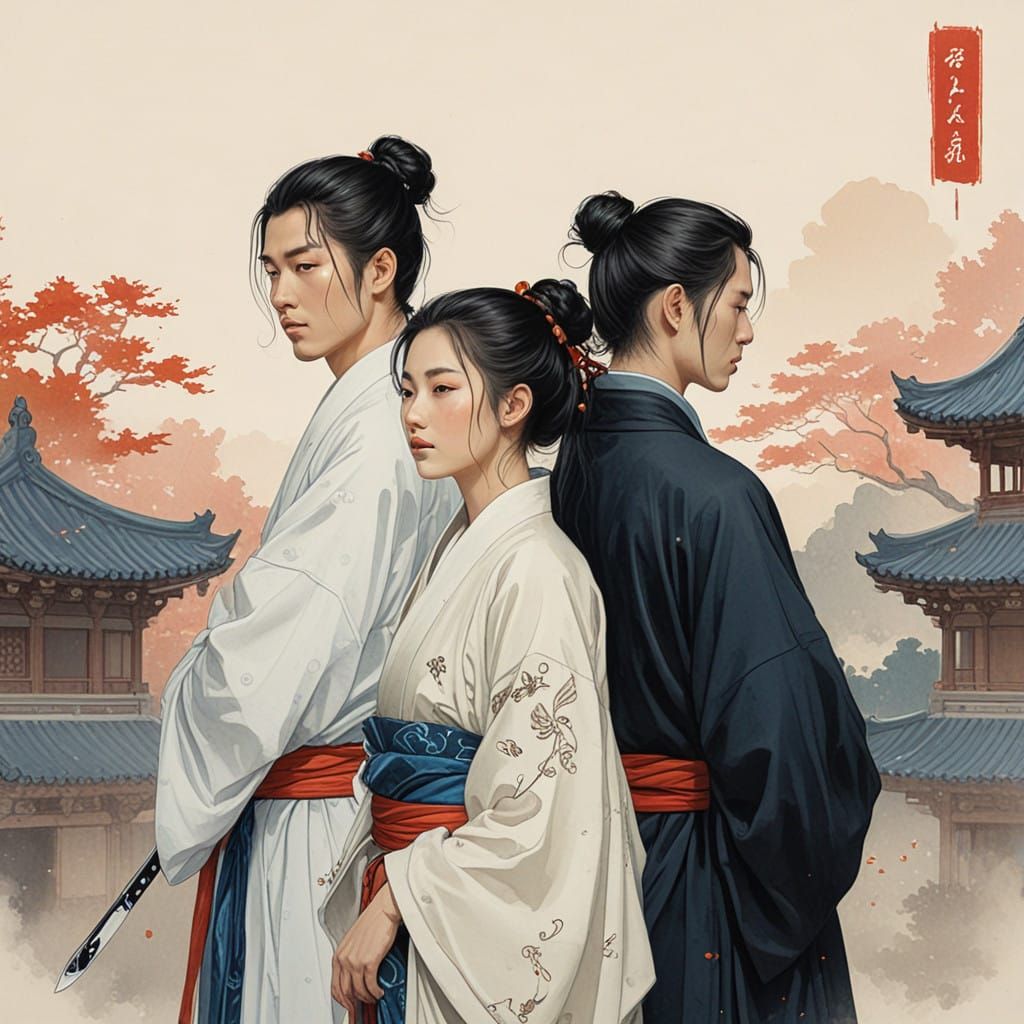 Two Asian Men in Elegant Hanfu Robes Wielding Katana in Trad...