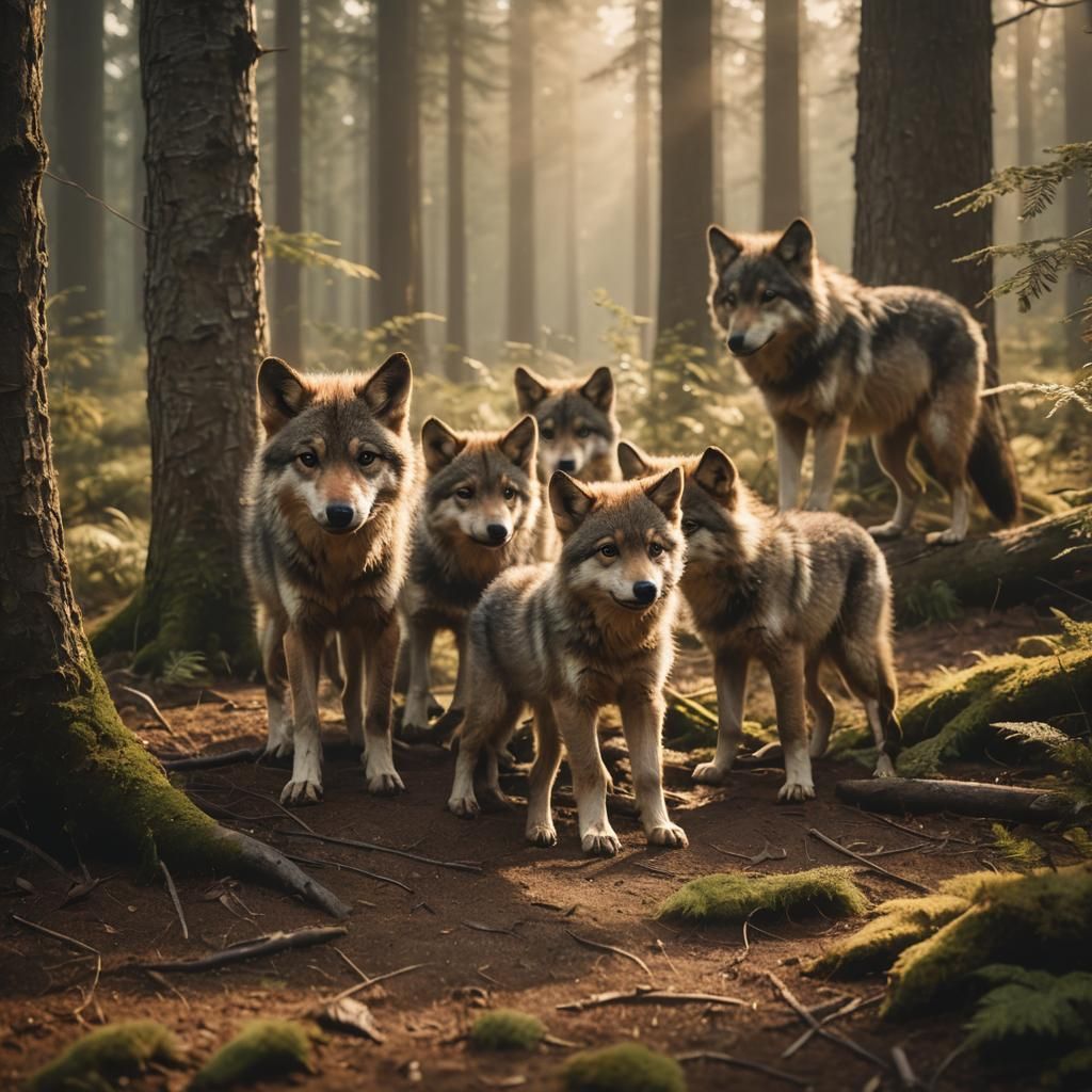 Baby Wolves Playing in Misty Forest Clearing