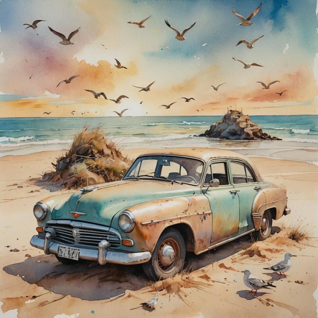 Vintage Car on Beach in Watercolor Style