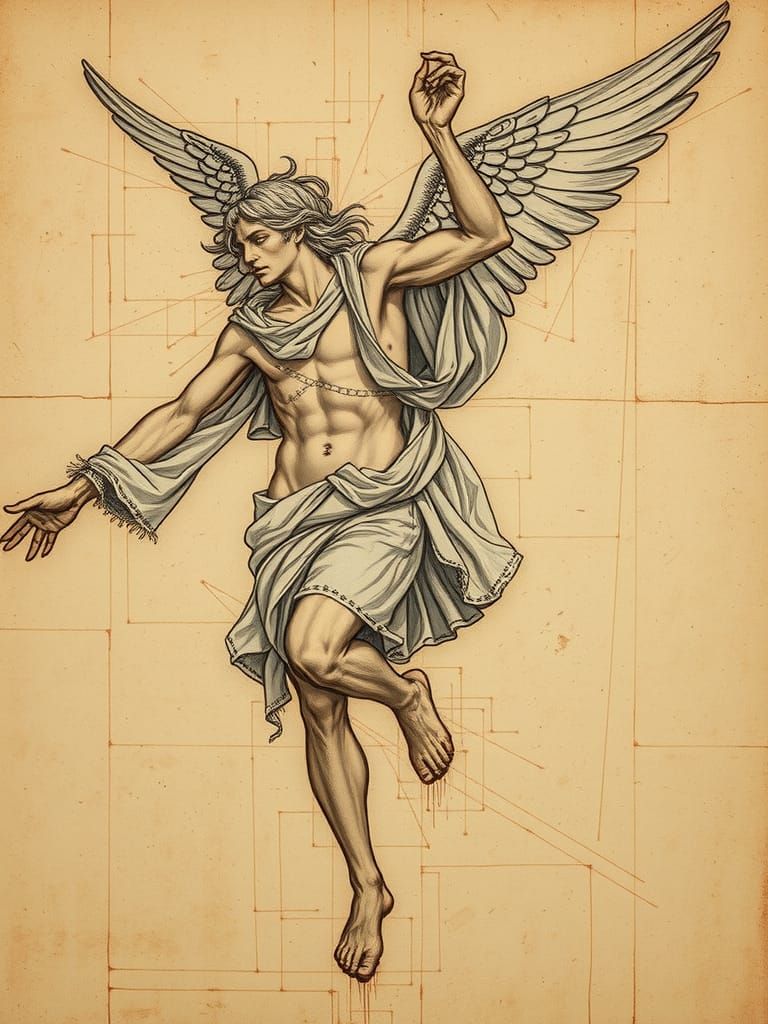 Icarus Flight in Da Vinci Sketch Style