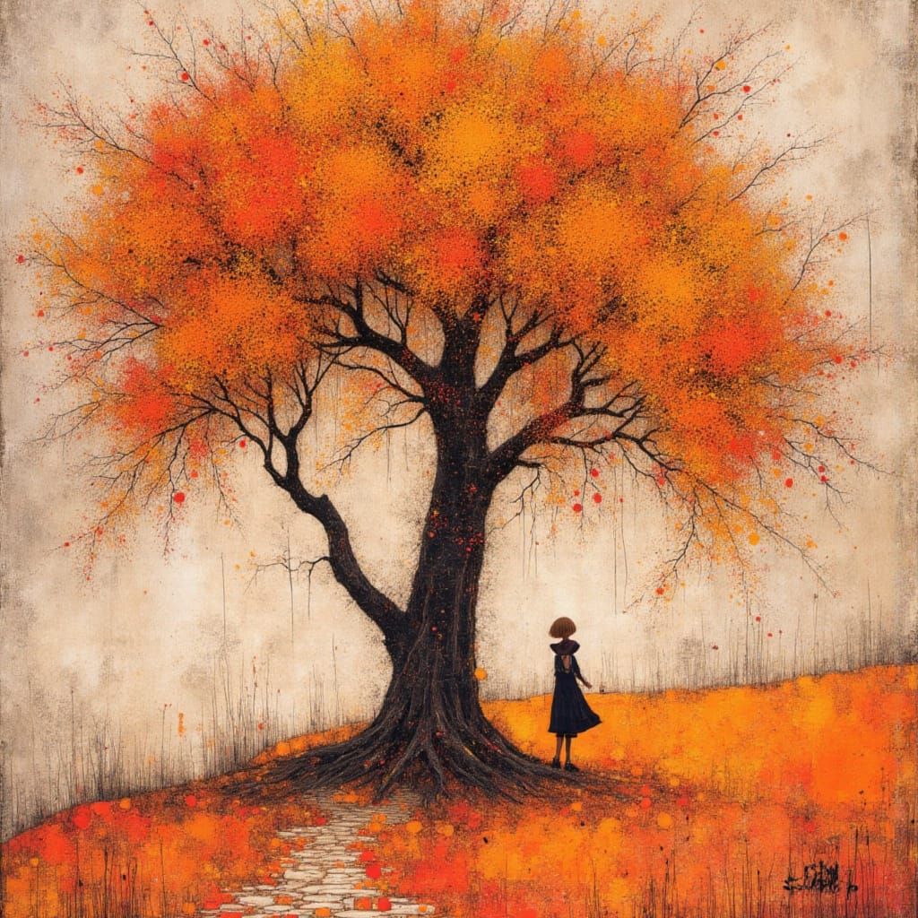 Lady Beneath Weeping Willow in Summer Colors