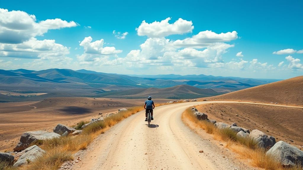 Cyclist on Winding Path Through Open Landscape