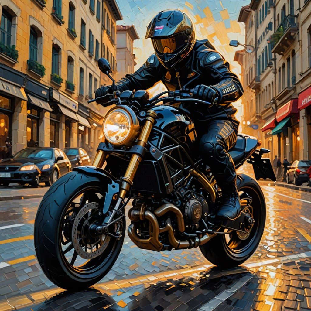 a stunning image of an ultra realistic black ducati monster racing through the streets of teviso8k