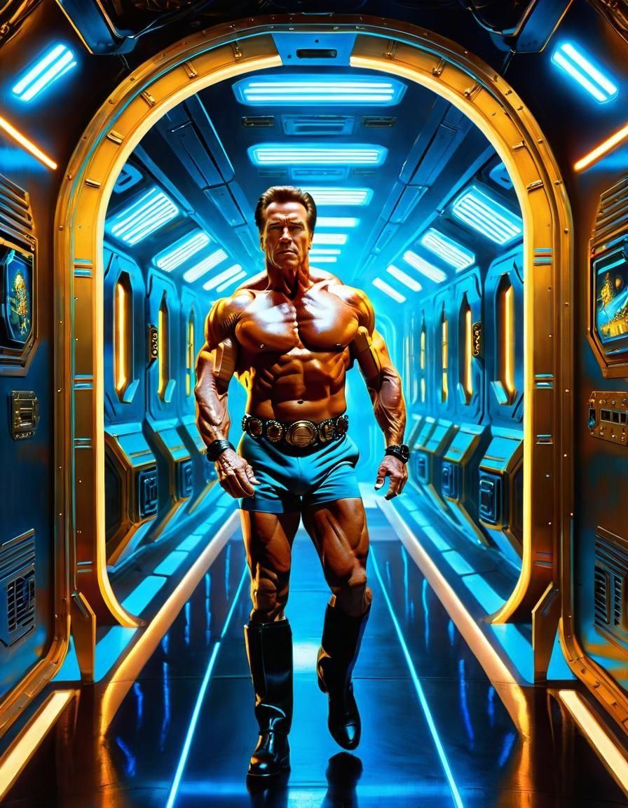 Cyborg Schwarzenegger in Spaceship Corridor, Frazetta Style