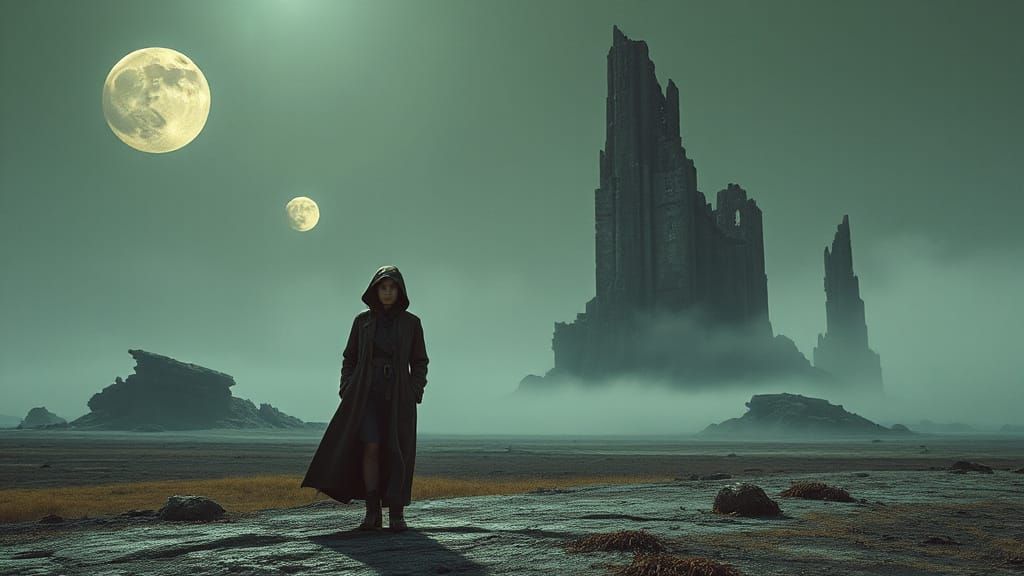 Woman in Alien Landscape Under Twin Moons