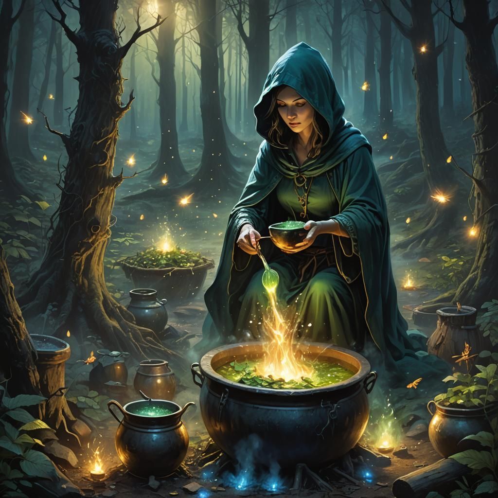 Mystical Forest Potion Brewing: A Dark Fantasy Scene