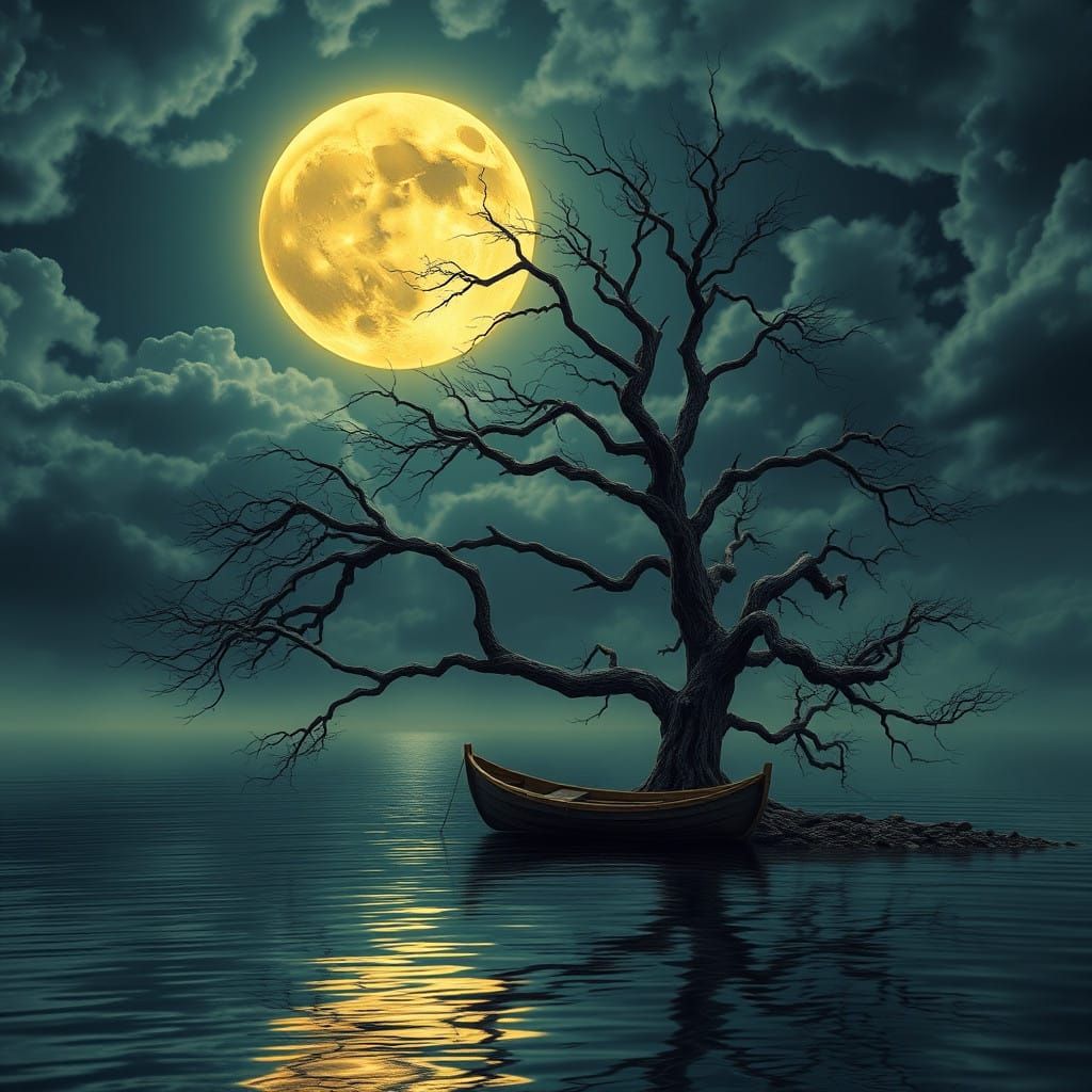 Gnarled Tree Stands Vigilant on Moonlit Lake