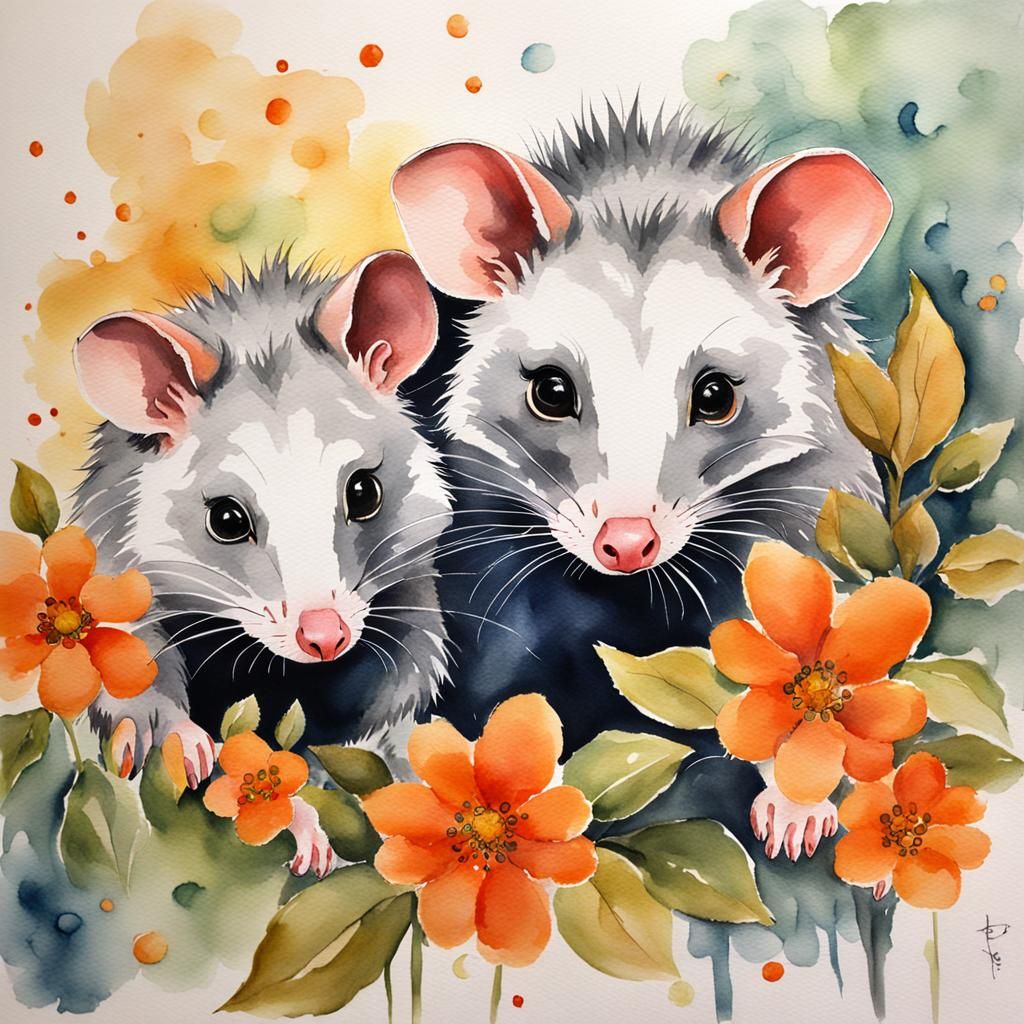 Watercolor Opossums with Orange Flowers