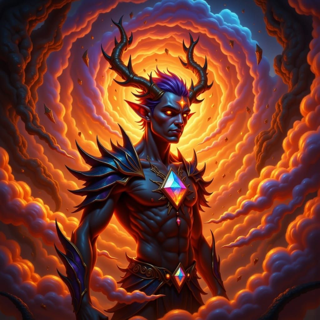 Surreal Tiefling Dragon Prince in Fiery Vortex