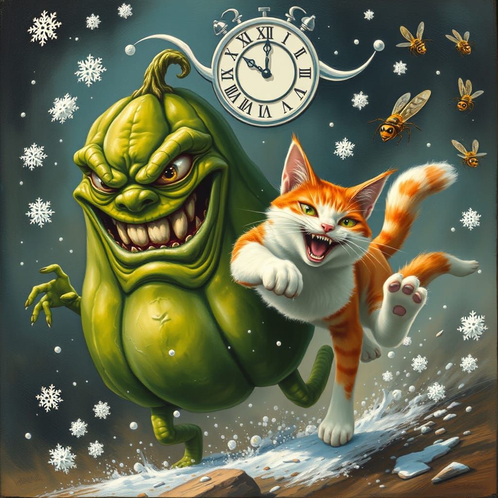 Menacing Cucumber Gives Chase to Joyful White-Red Cat in Whi...