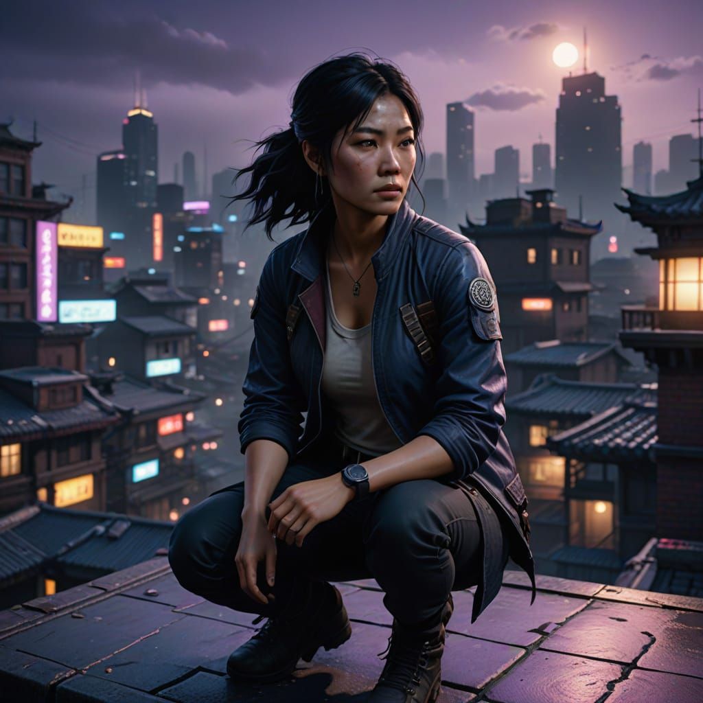 Midnight Rooftop Goddess in Dark Fantasy