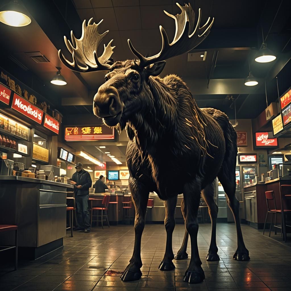 Moose in McDonald's: Dark Surrealism Inspired by Doré