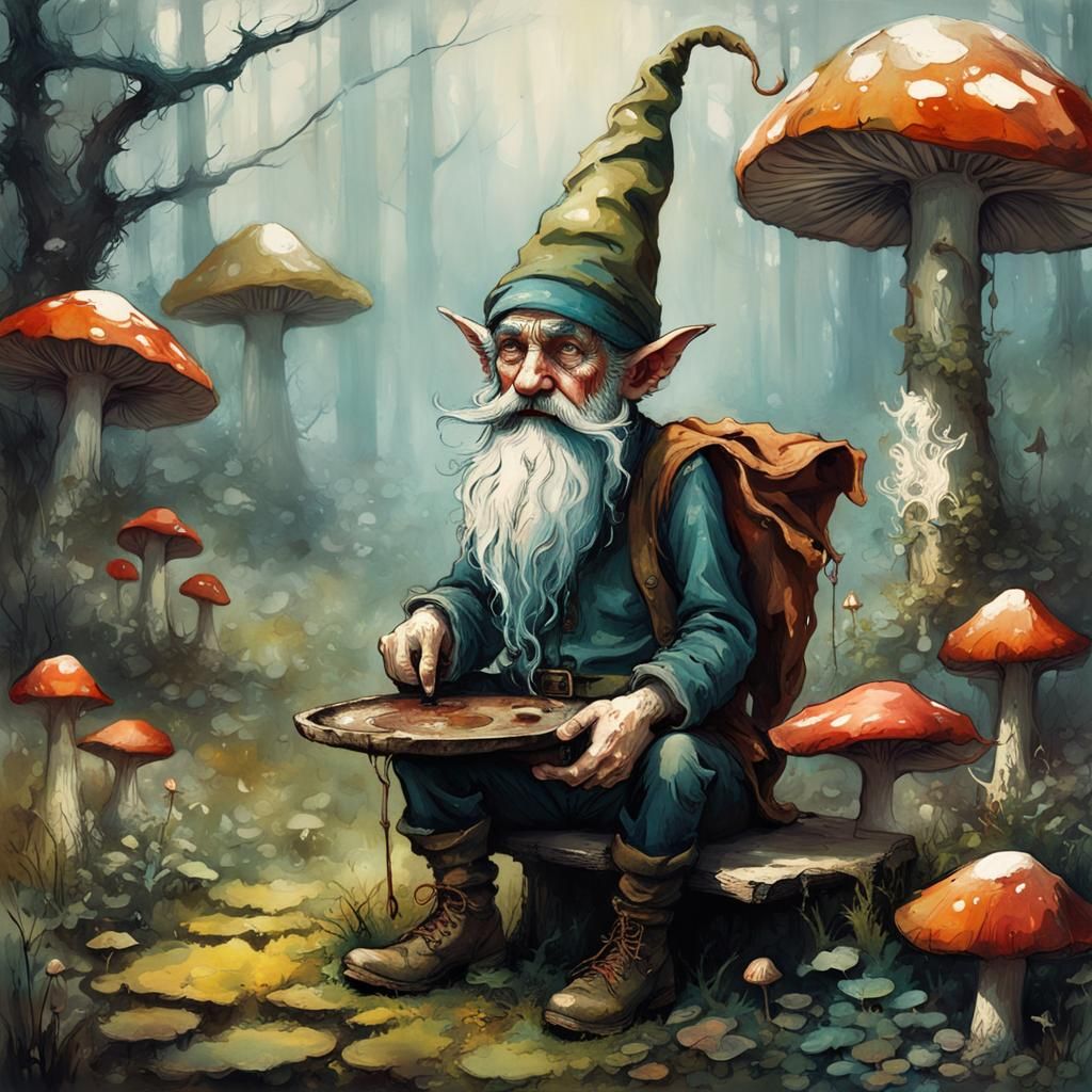 Whimsical Gnome in Psychedelic Mushroom Landscape