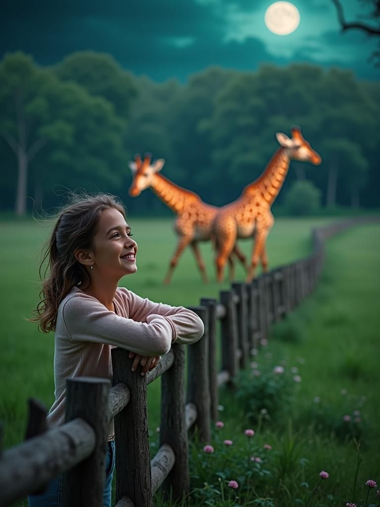 Enchanting Girl with Giraffe Illusion in Dreamlike Forest