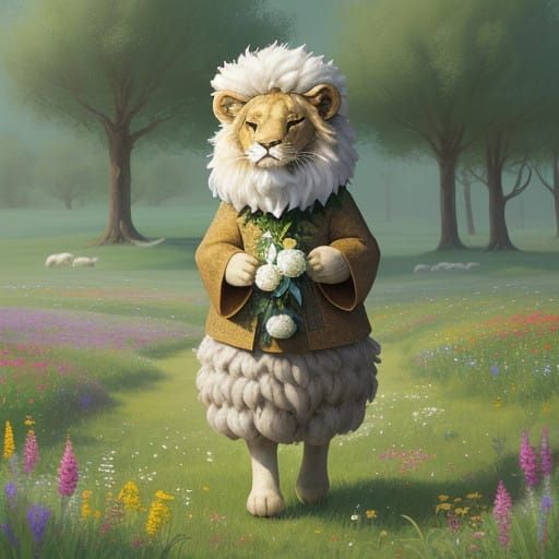 Lion in Whimsical Sheep Costume