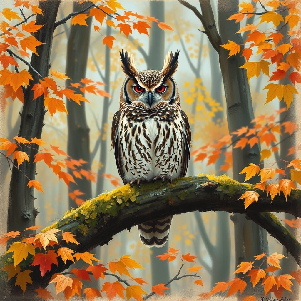 Great Horned Owl in Autumn Forest Painting