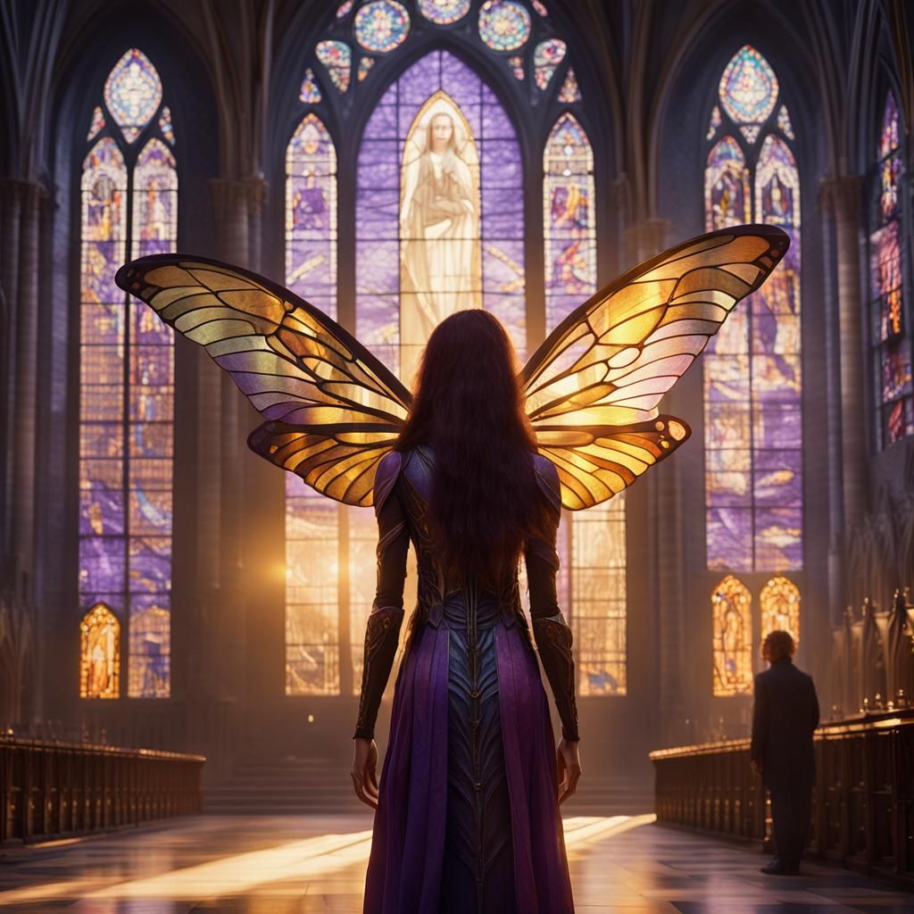 Moth Woman in Cathedral, Art Nouveau Style