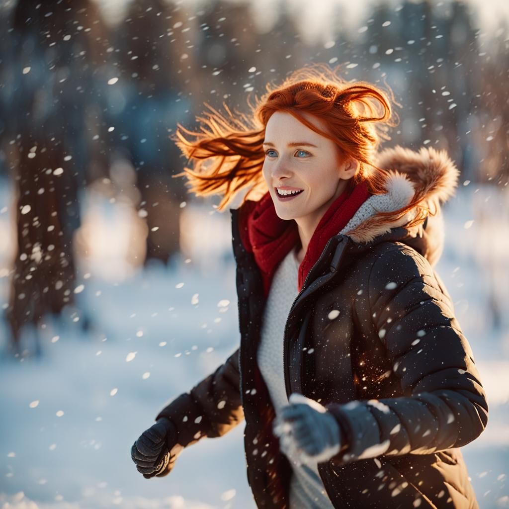 Girl with Red Hair Running in Winter Snow