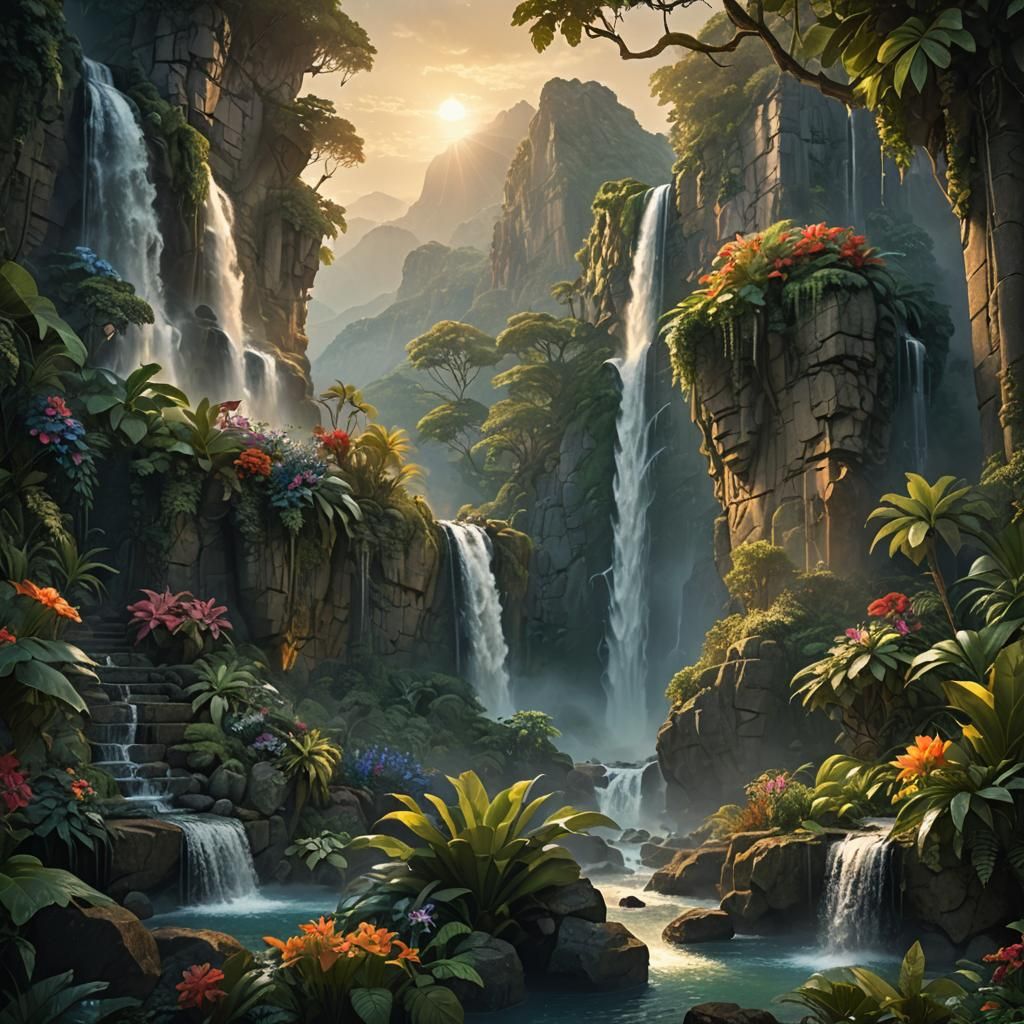 Majestic Waterfall in Fantasy Landscape, Detailed Matte Pain...