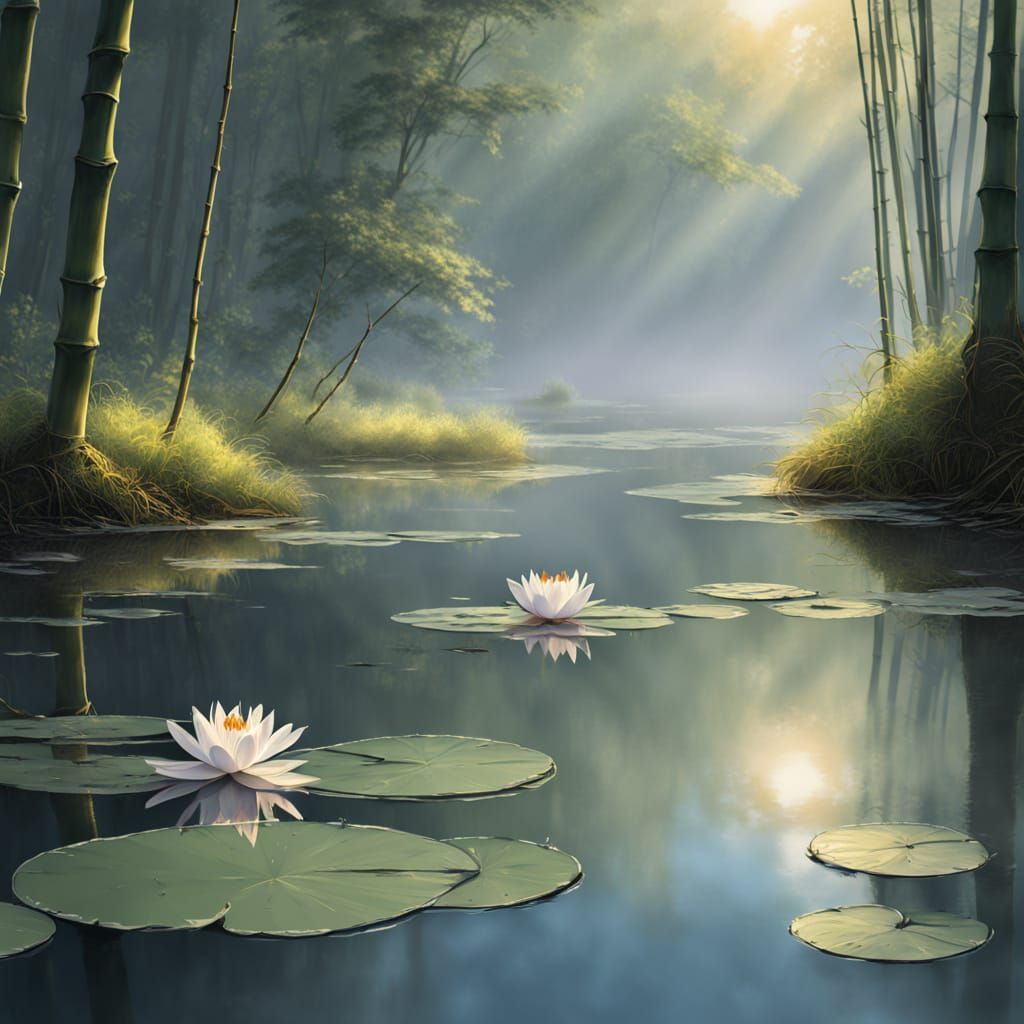 Majestic Bamboo Forest at Dawn, Dreamy Thomas Kinkade Style