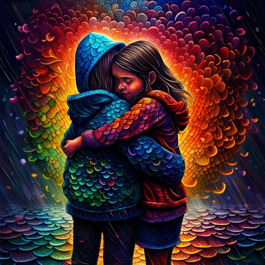 Detailed Boy and Girl Hug with Colorful Scales