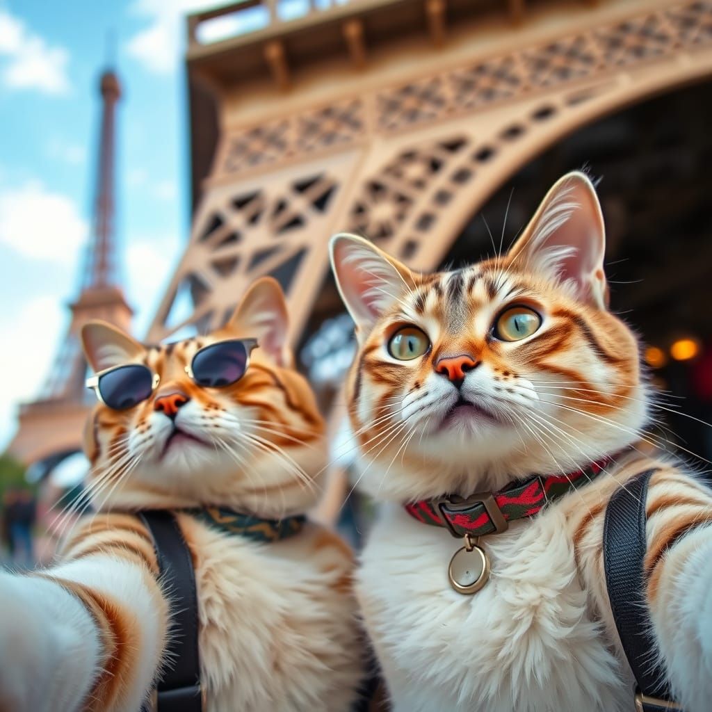 Two Feline Friends Snap a Parisian Selfie with the Eiffel To...