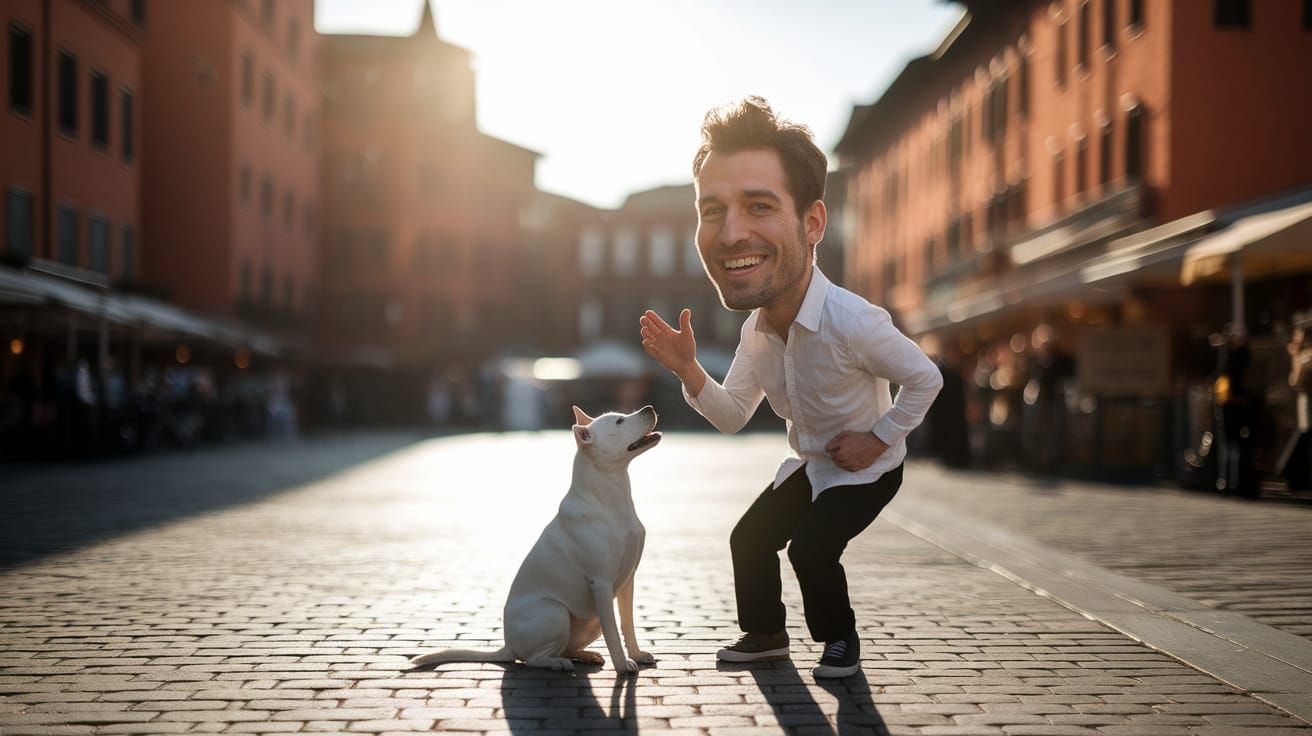 Street Performer and Pet in Lively Caricature Style
