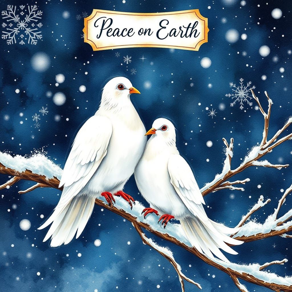 Spectacular White Doves in Winter Wonderland Watercolor