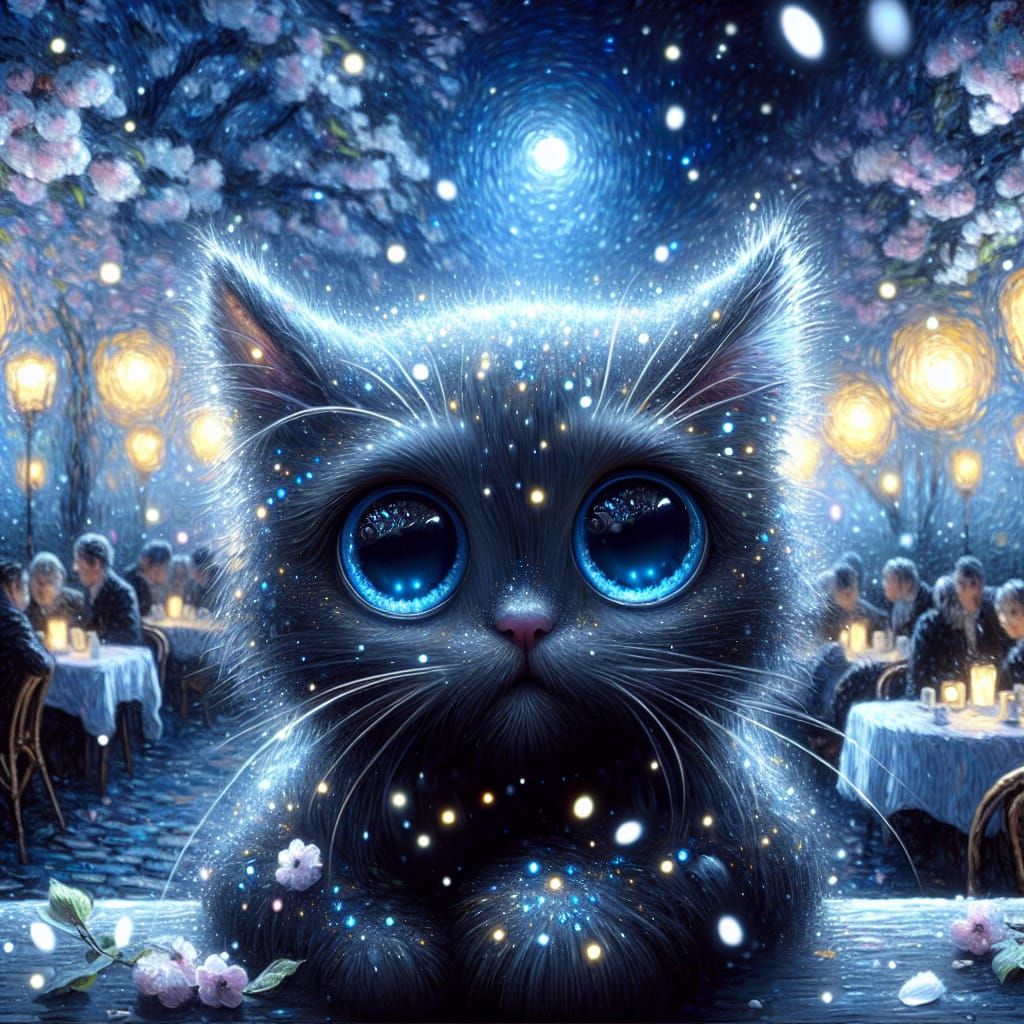 Melancholic Black Cat in Impressionist Garden