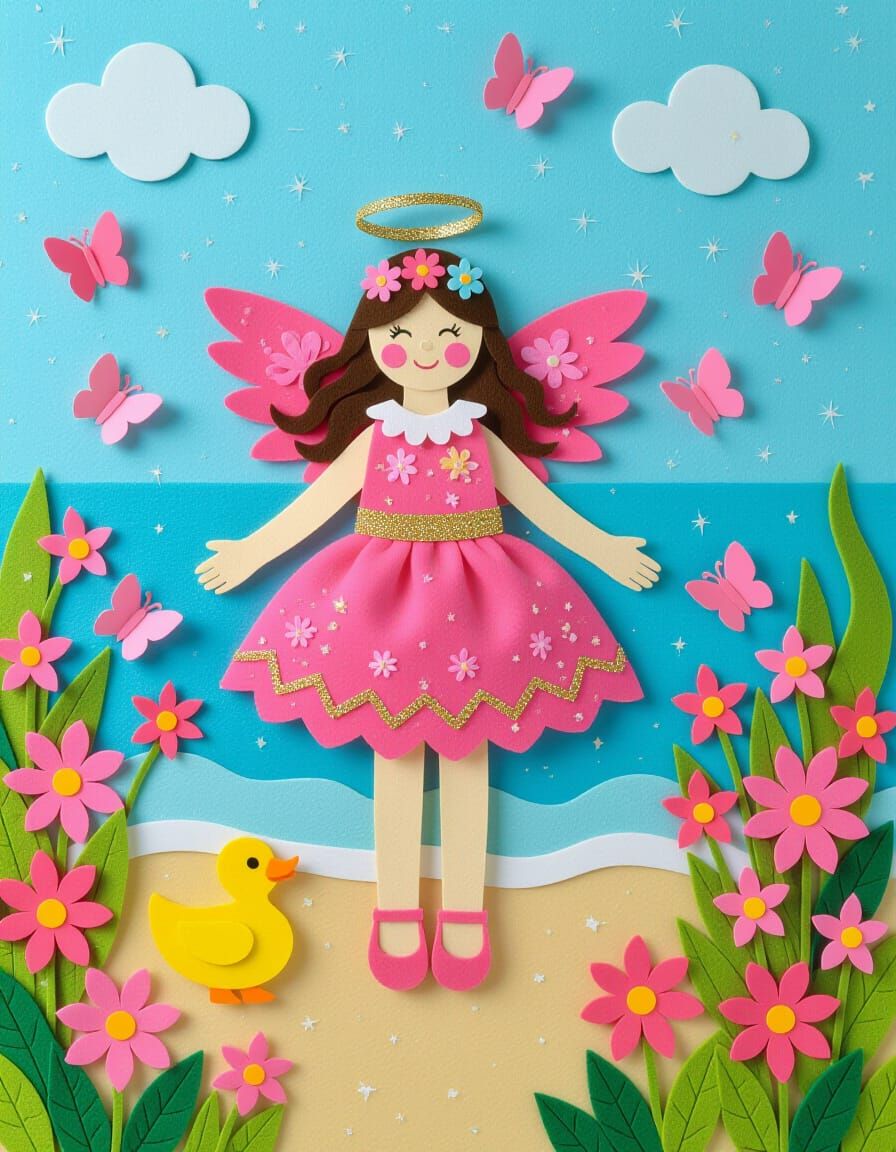 Vibrant Pink Angel on Glittering Beach in Folk Costume