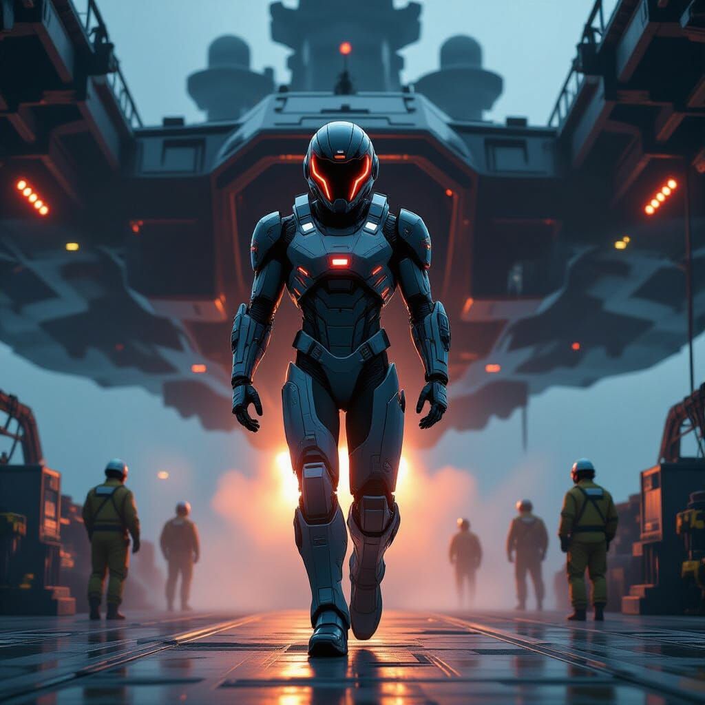 Mecha Pilot Exiting Cockpit in Futuristic Setting