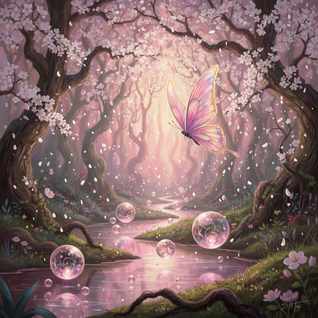 Pink Butterfly in Enchanted Forest with Cherry Blossoms