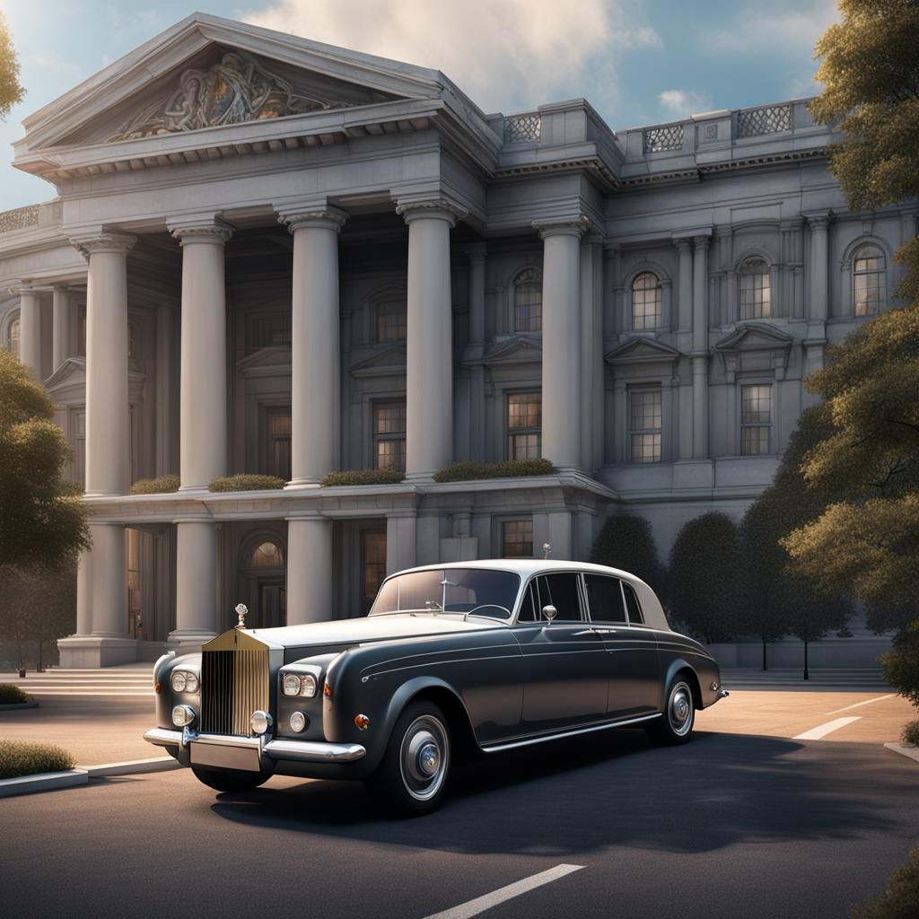 Gray Rolls Royce at Sunset: Detailed Matte Painting
