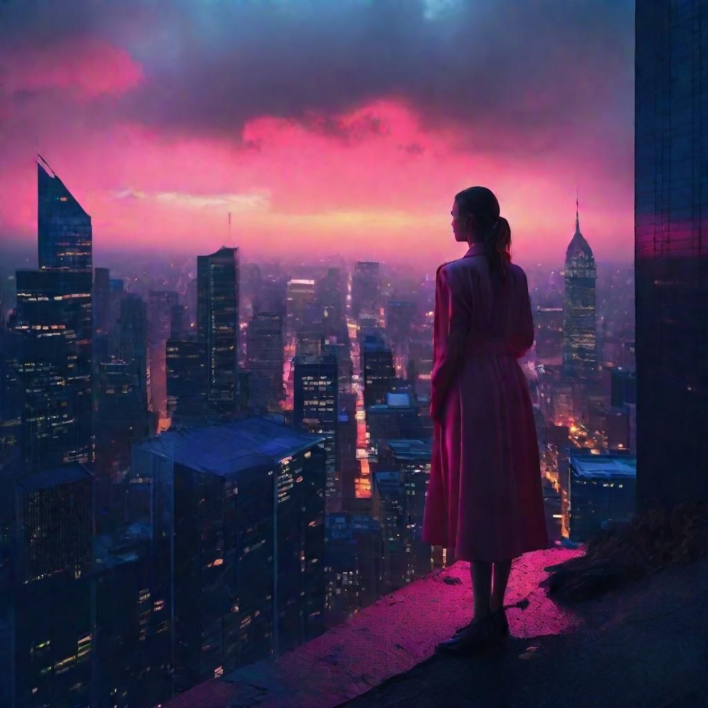 Surreal Woman Gazes at Conflicting Skyscrapers