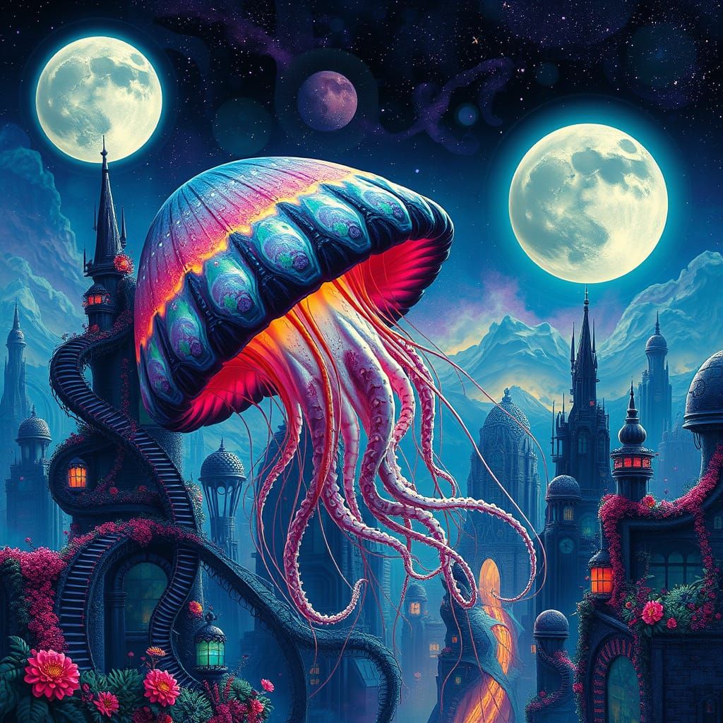 Surreal Jellyfish Drifting Through Alien Cityscape