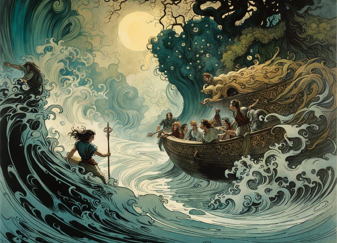 Odysseus and Scylla in Whirlpool: Illustrated Fantasy