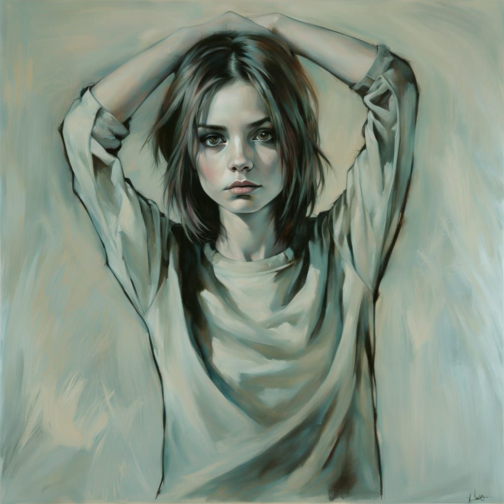 Elegant Goth Girl Portrait in Minimalist Impasto Style